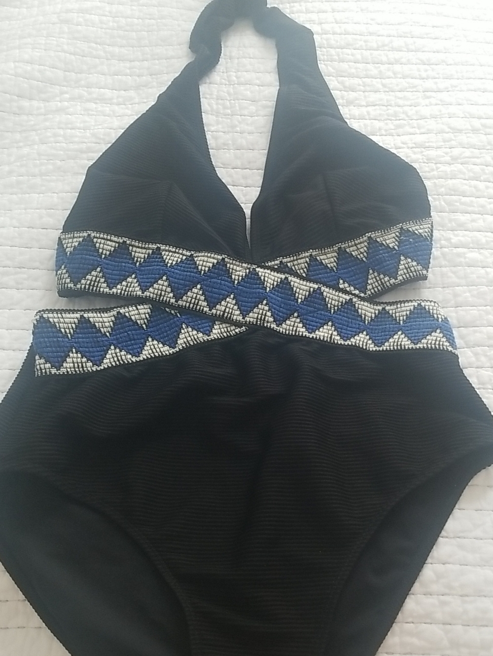 Black Halter One-Piece Swimsuit with Blue Geometric Waistband